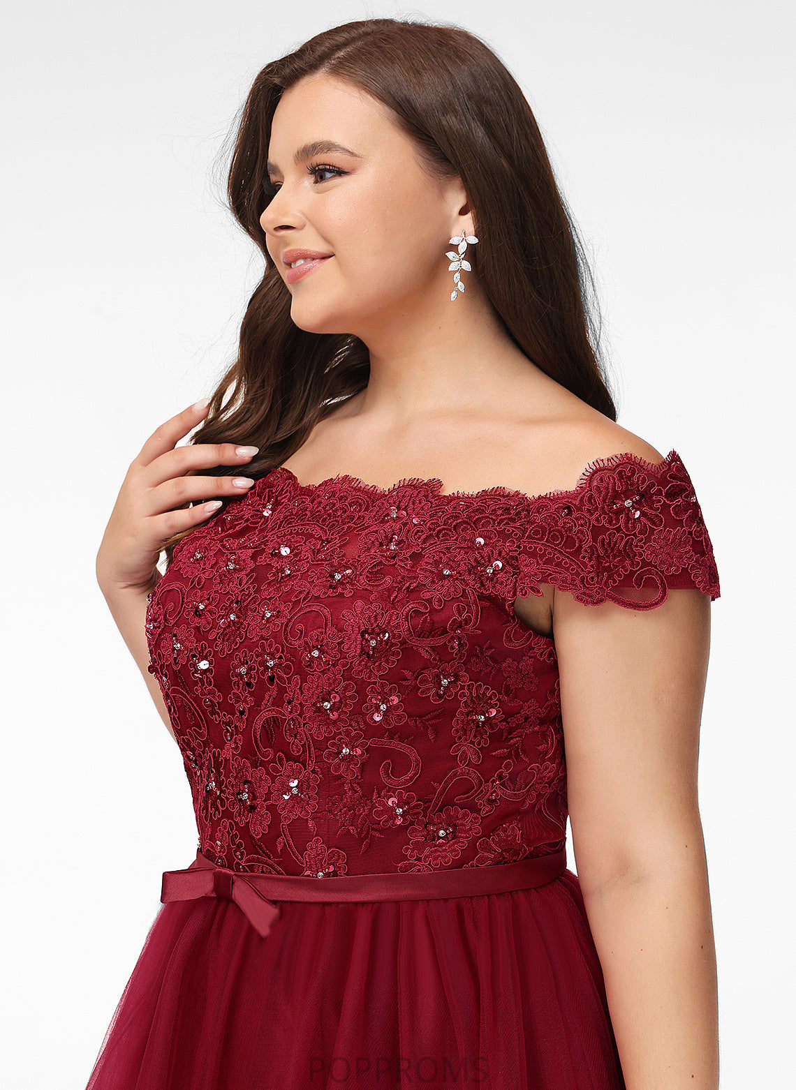 With Off-the-Shoulder A-Line Sequins Lace Tulle Asymmetrical Diya Beading Bow(s) Prom Dresses