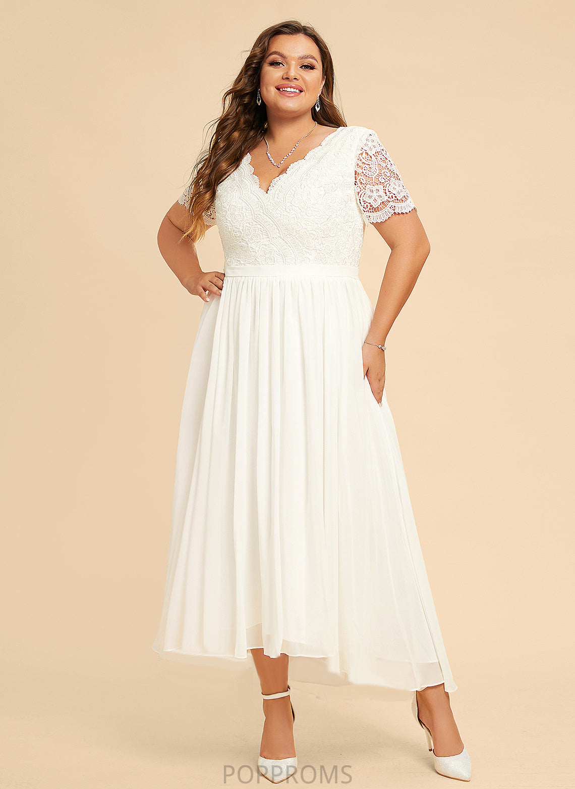 A-Line Dress Chiffon Asymmetrical Wedding Lace Wedding Dresses Luciana V-neck With