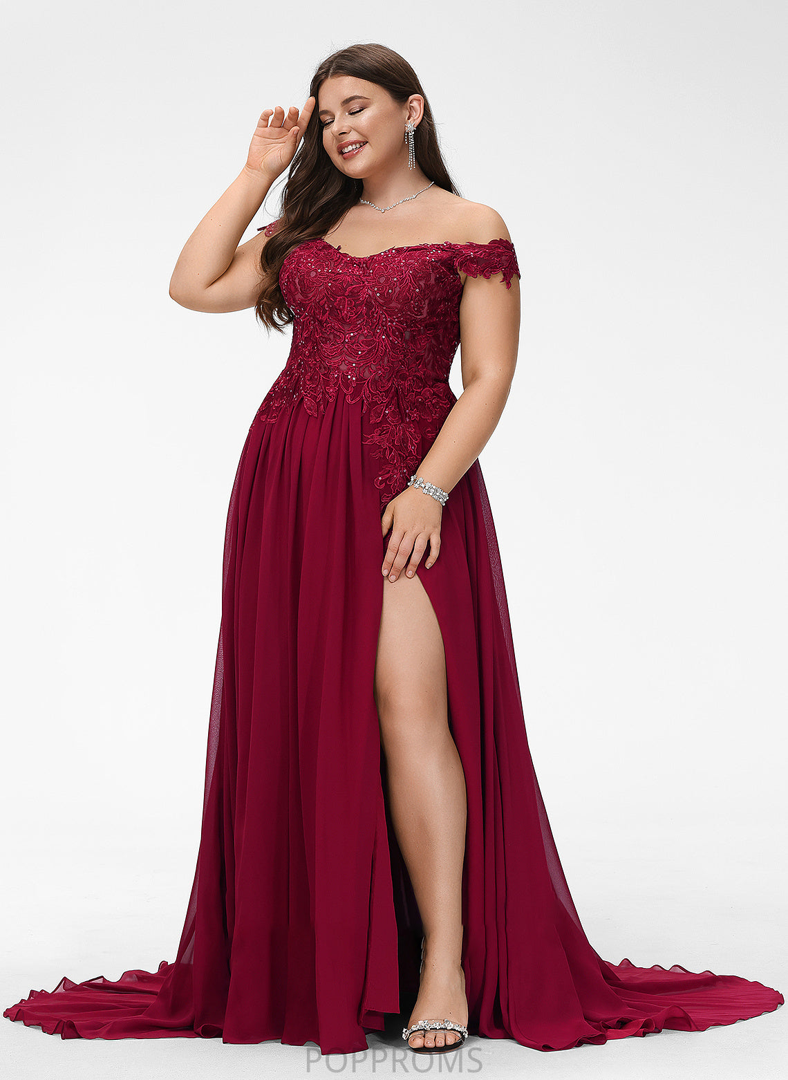 Lace Shaniya With Off-the-Shoulder Chiffon A-Line Train Sweep Prom Dresses Sequins