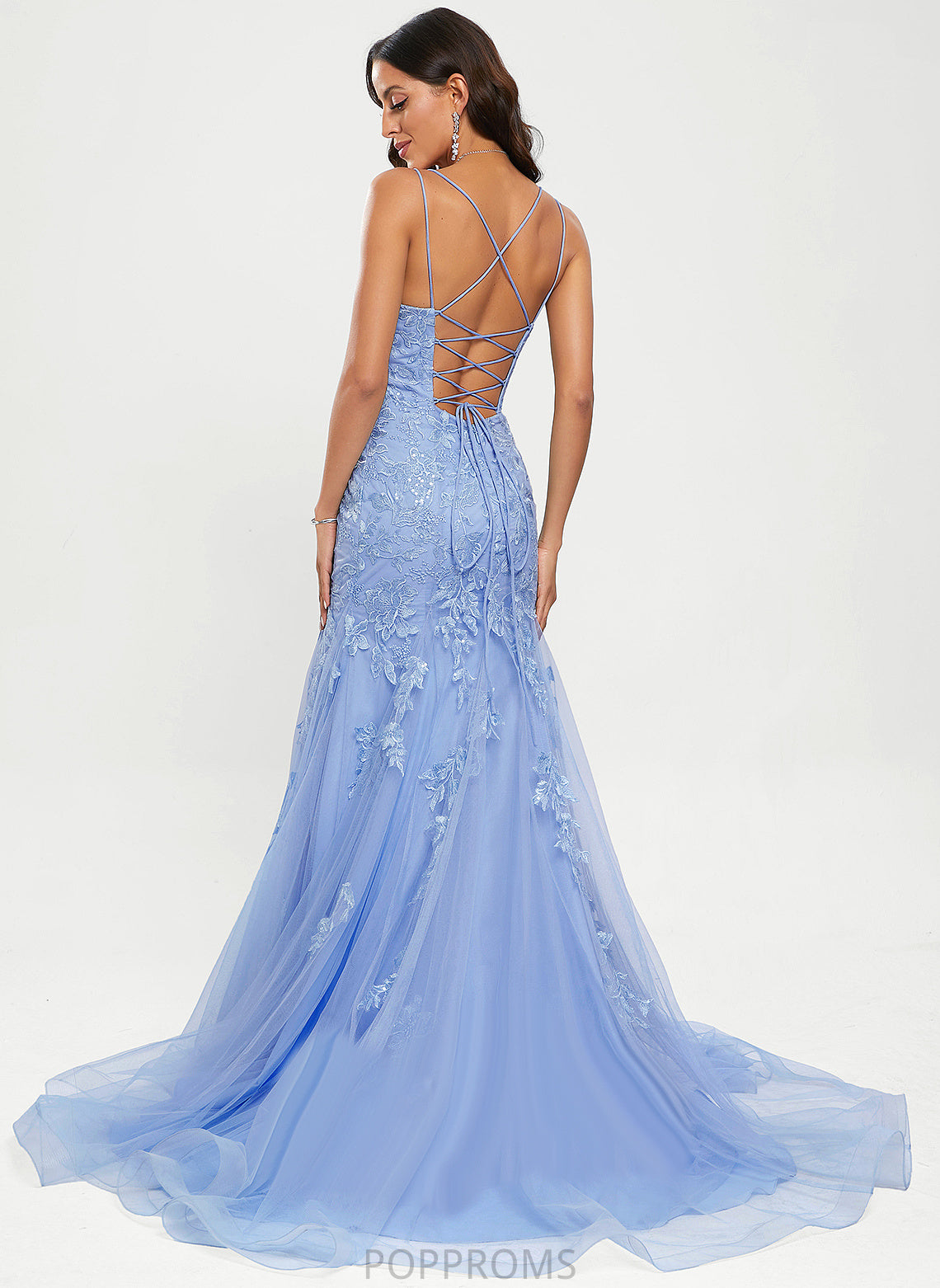 Sweep Damaris Tulle Lace With V-neck Train Trumpet/Mermaid Prom Dresses Sequins