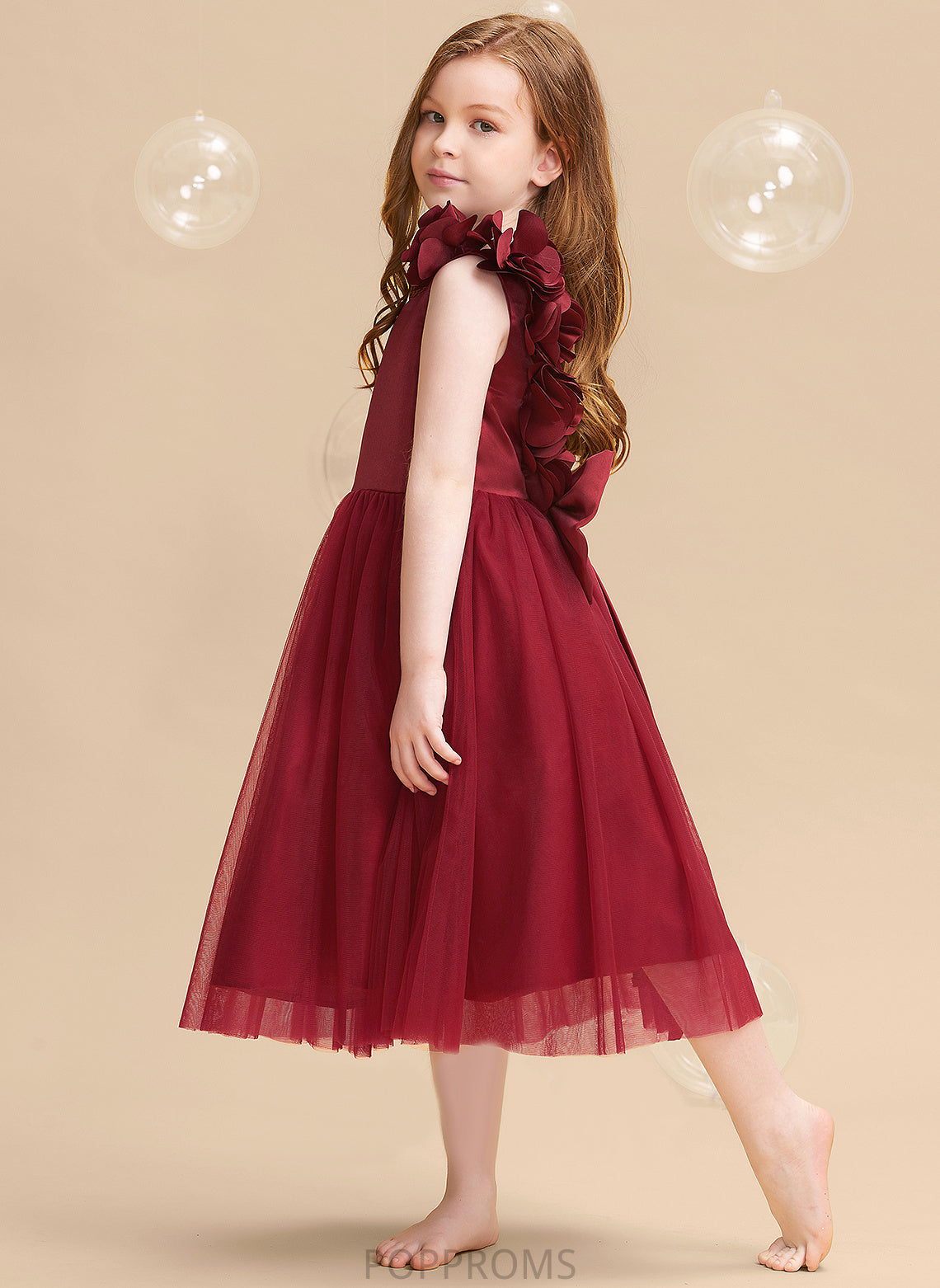 Dress Satin/Tulle Girl Flower - A-Line Flower Girl Dresses Tea-length Abril Flower(s)/Bow(s) Sleeveless With V-neck