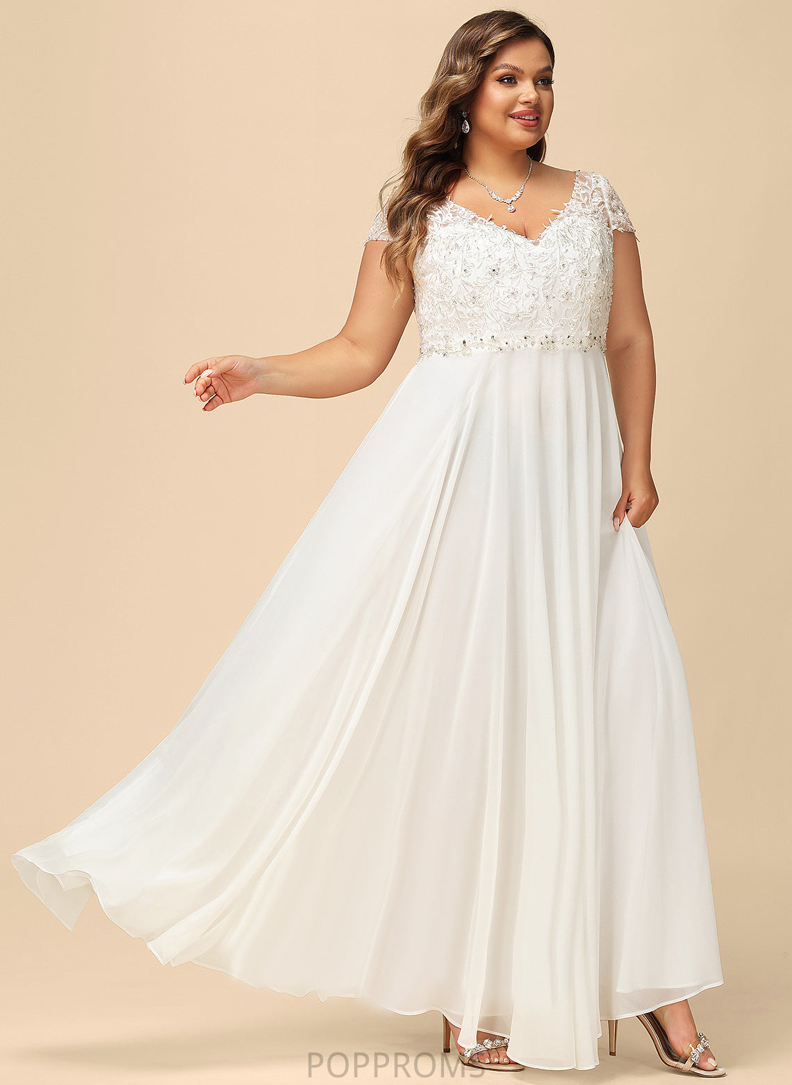 Sequins V-neck A-Line Dress Wedding Floor-Length Wedding Dresses With Danielle Chiffon Beading Lace