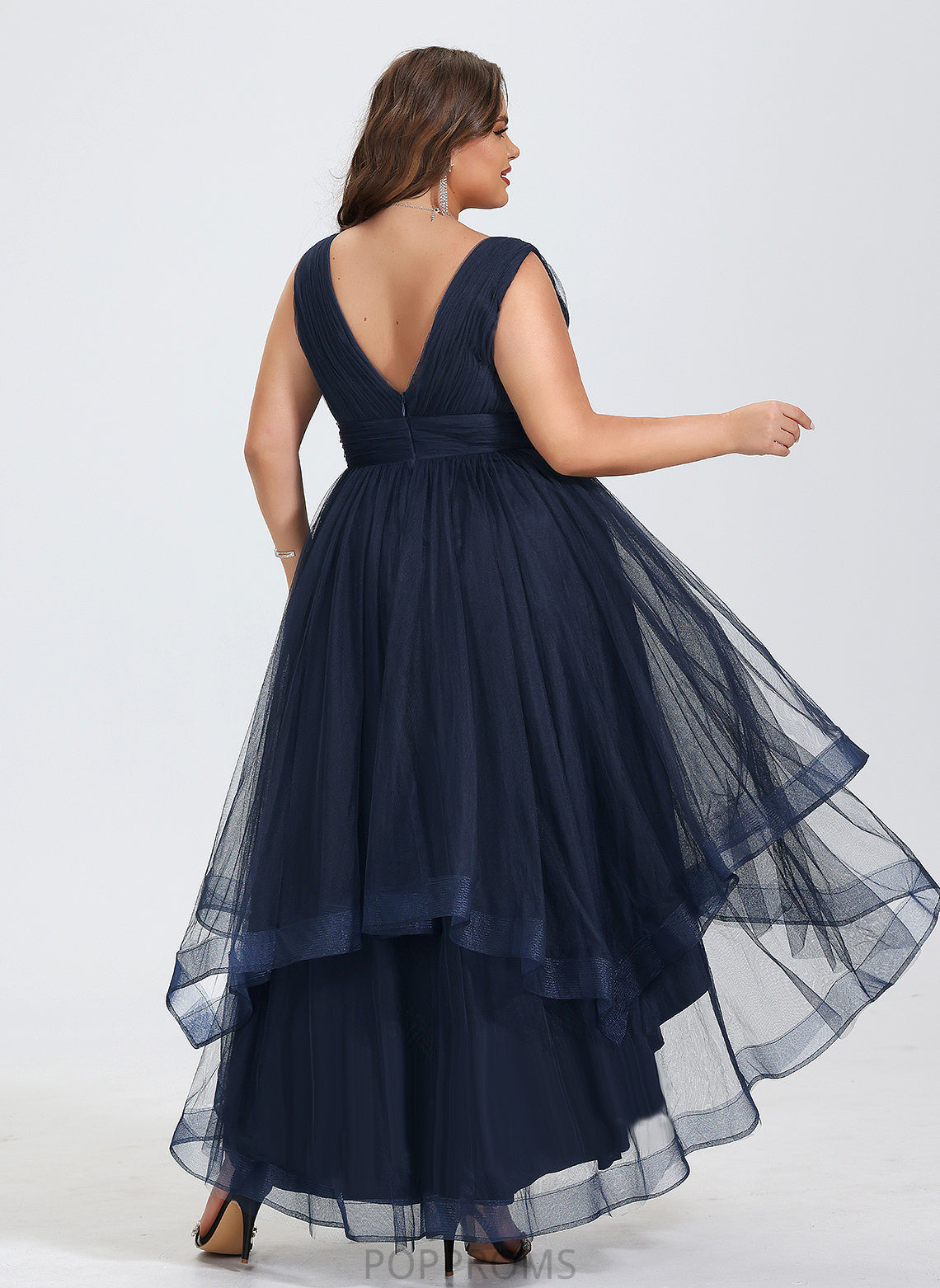 Tulle Cascading Ruffles Pleated Cocktail V-neck Cocktail Dresses A-Line With Asymmetrical Dress Arely