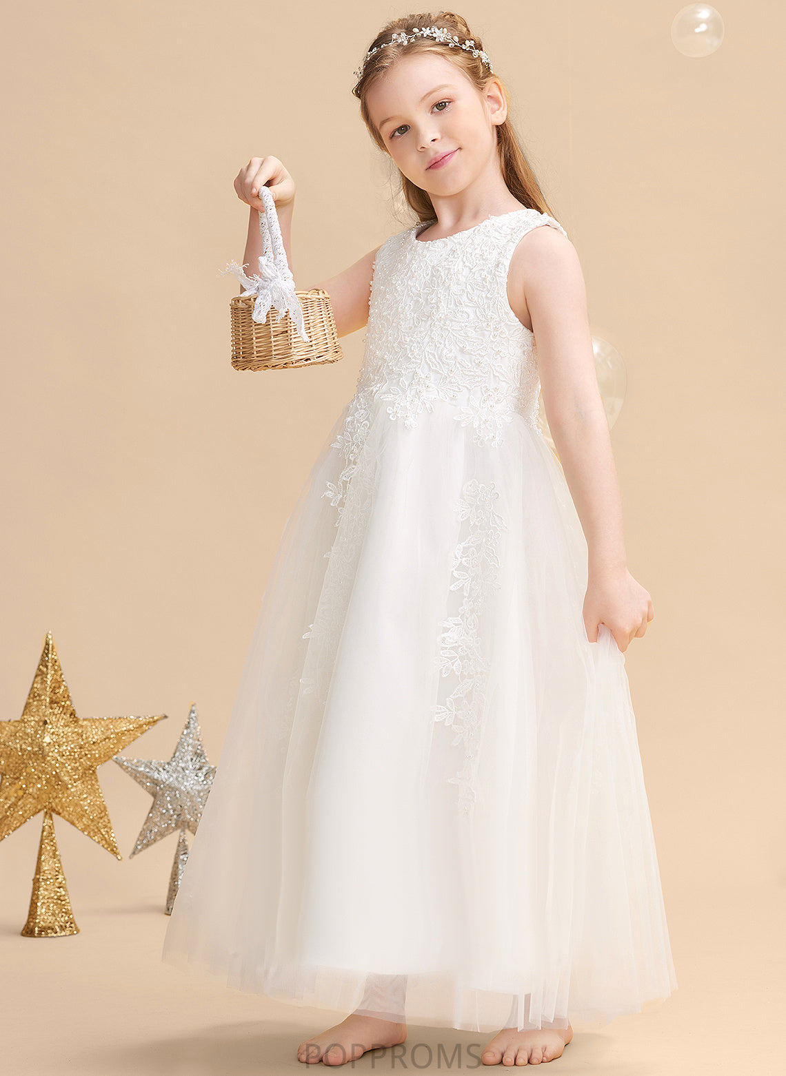 With Ball Flower Girl Dresses Scoop Beading/Appliques Sleeveless Summer Girl Dress Satin/Tulle Ankle-length Gown - Flower Neck