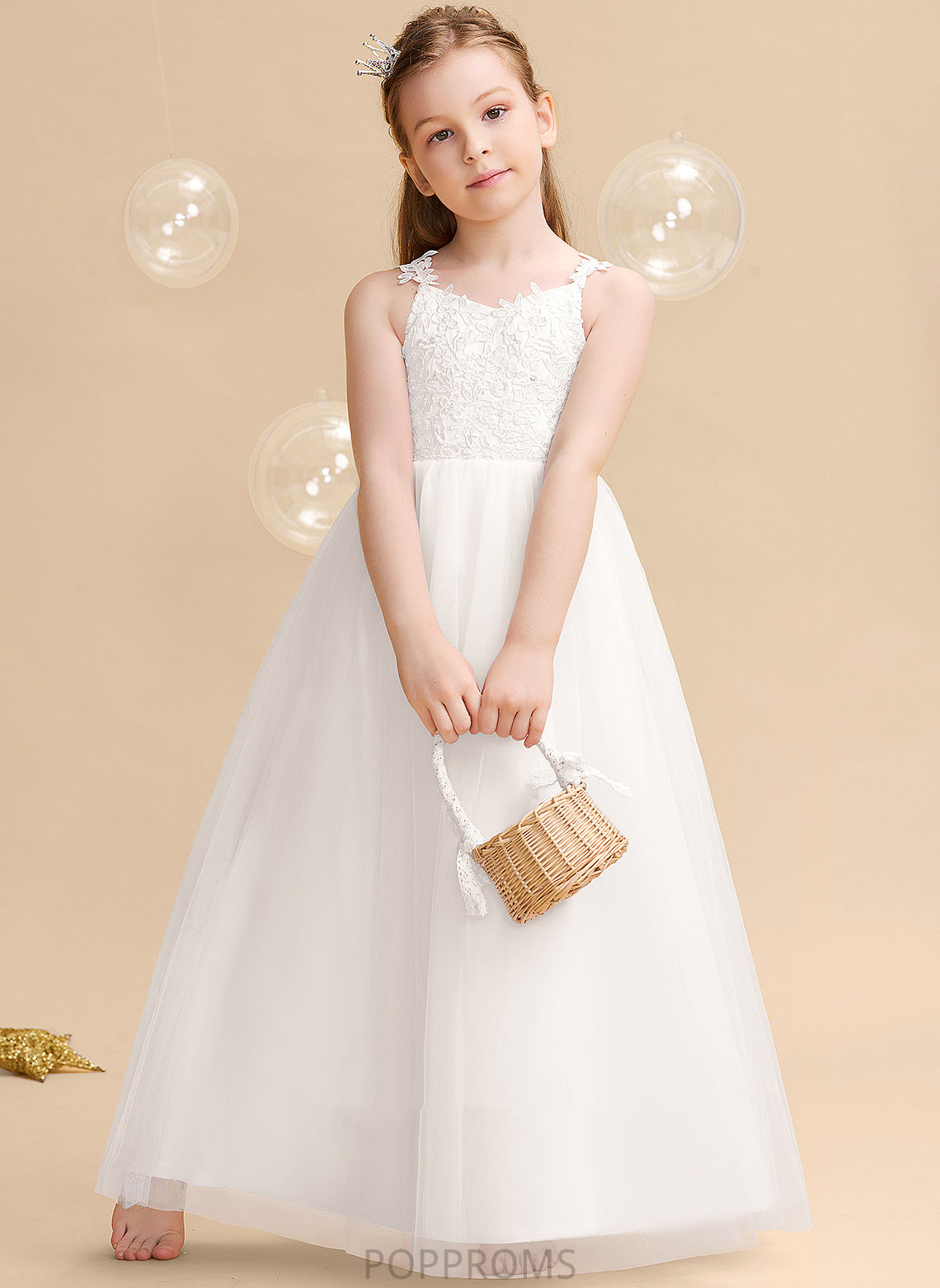 Sleeveless Floor-length Dress Girl Ball-Gown/Princess Beading/Bow(s) - Tulle/Lace With Tracy Flower Flower Girl Dresses V-neck