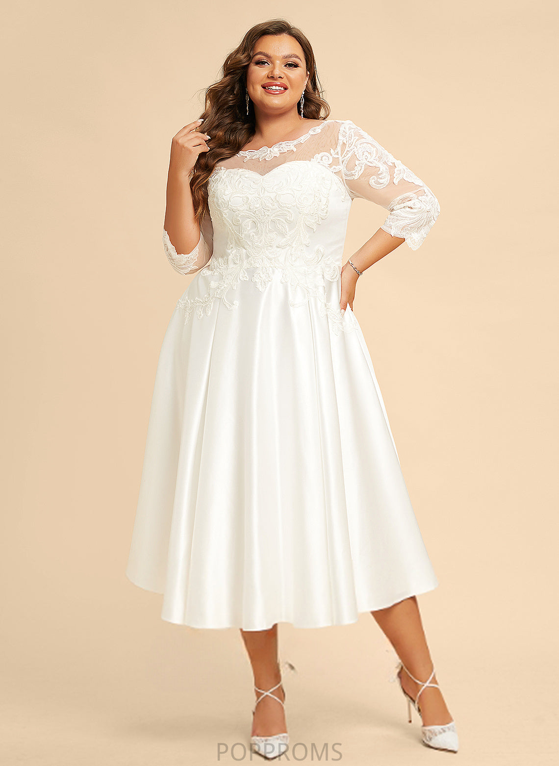 A-Line Wedding Maud Lace Wedding Dresses Tea-Length Illusion Satin Dress