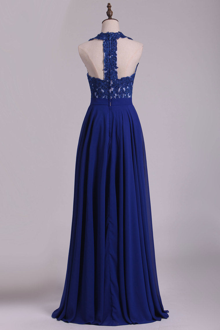 2024 Chiffon V Neck A Line With Applique And Beads Prom Dresses Open Back