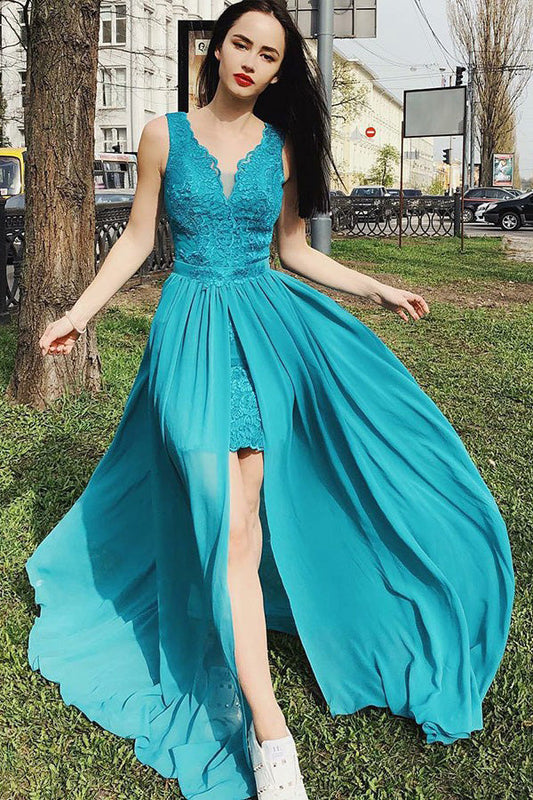 Impressive Chiffon V Neck Lace Appliques Long Prom Dresses