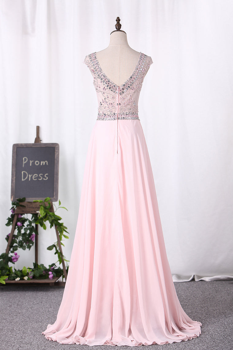 2024 Beaded Bodice Prom Dresses A Line Scoop Chiffon Floor Length