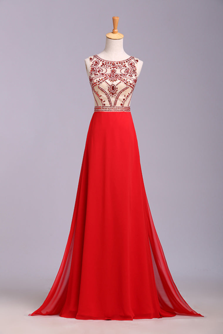 Stunning Prom Dresses Champagne Beaded Bodice And Back A-Line Scoop Sweep/Brush Chiffon