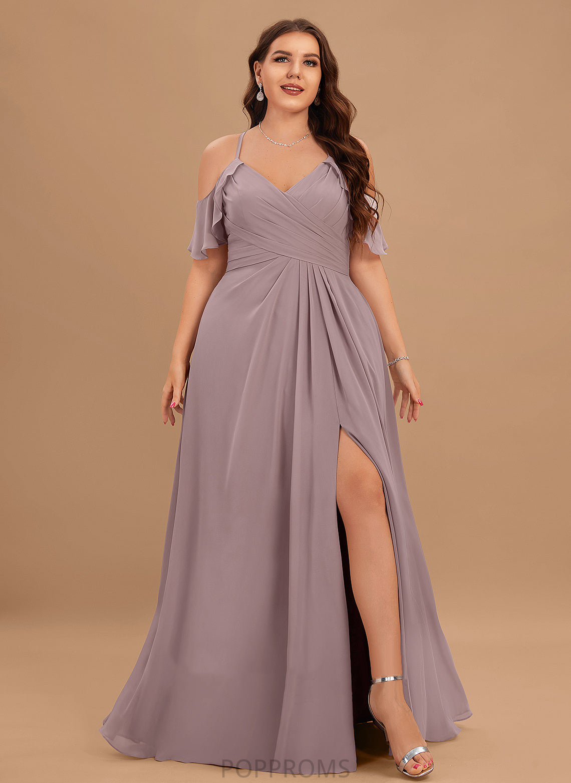 Ruffle V-neck Floor-Length CascadingRuffles A-Line ColdShoulder Neckline SplitFront Fabric Silhouette Embellishment Length Bridesmaid Dresses