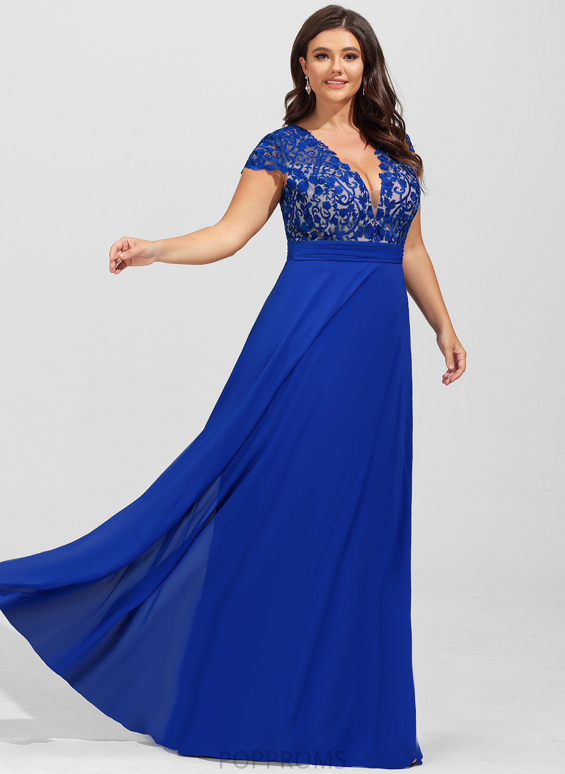 V-neck Lace Floor-Length With Chiffon Damaris Ruffle A-Line Prom Dresses