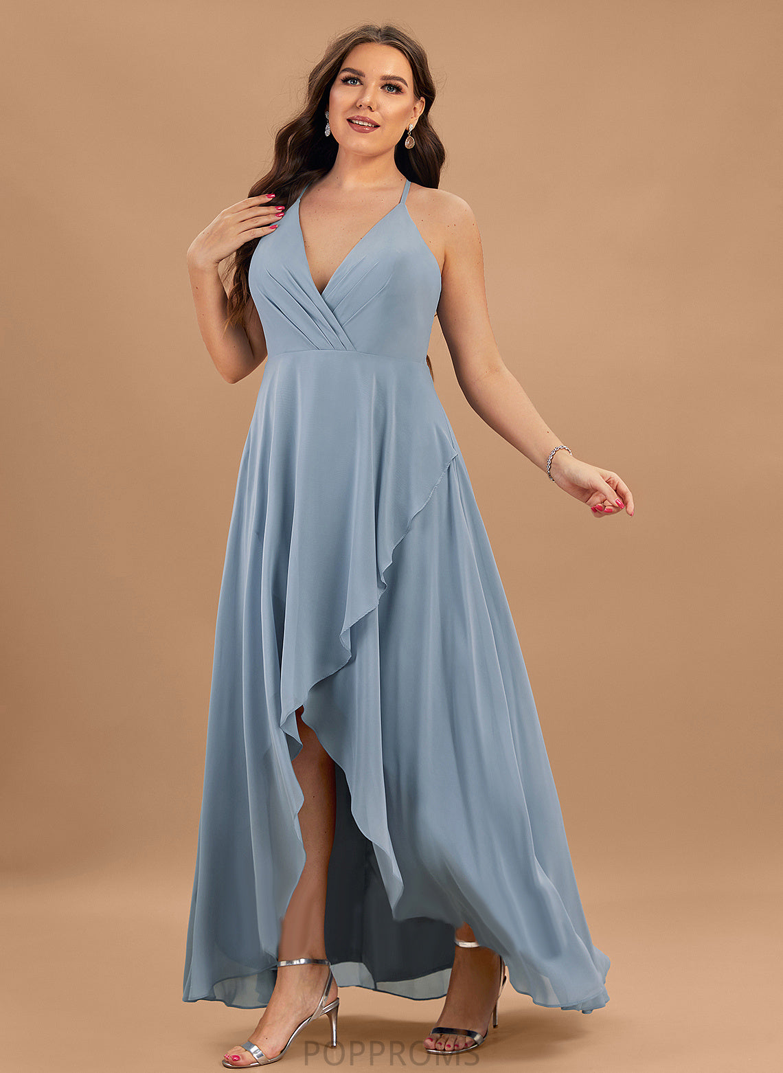 Neckline Length Asymmetrical A-Line Silhouette V-neck Straps Fabric Mareli Sleeveless Natural Waist Floor Length Bridesmaid Dresses