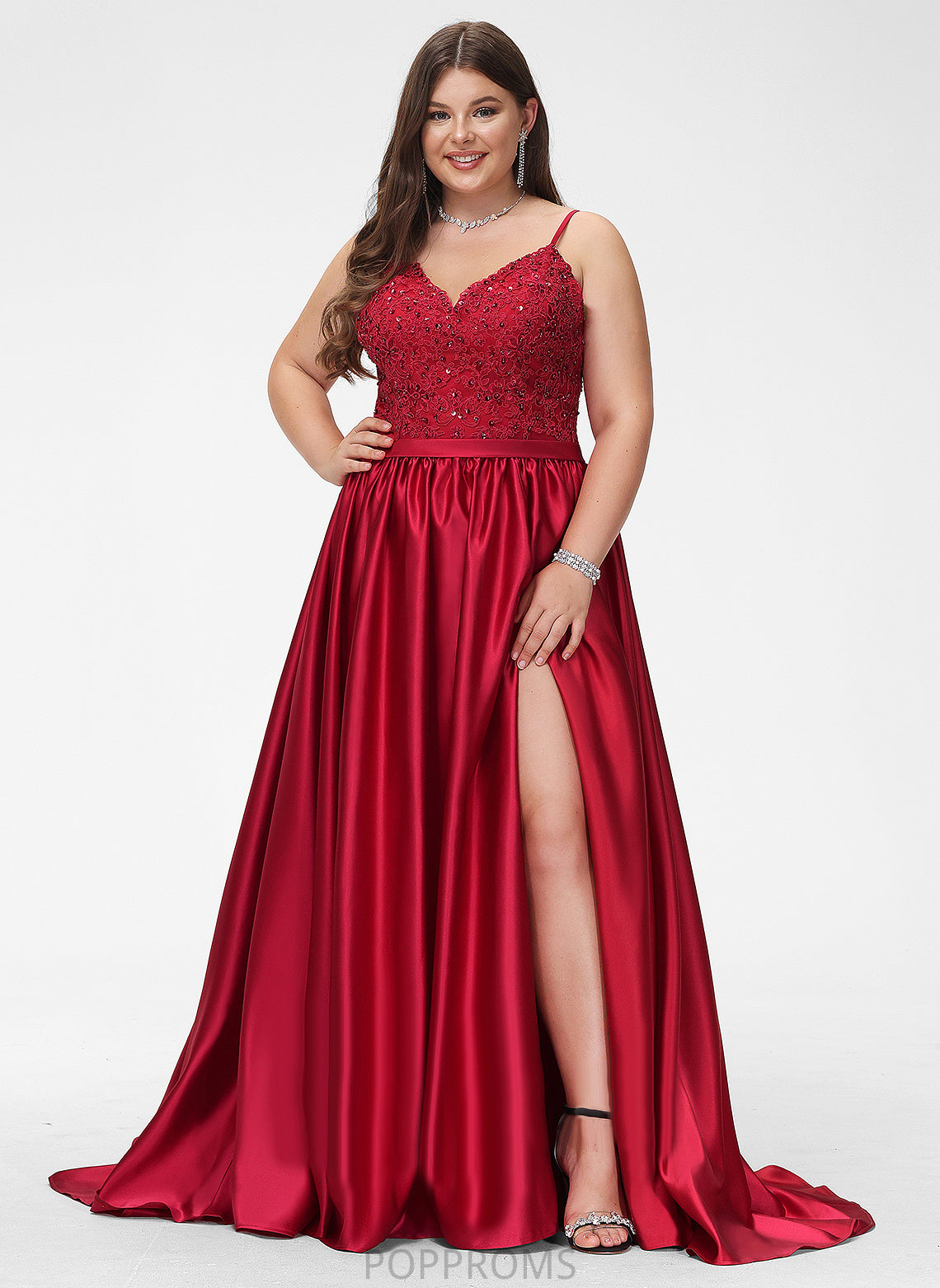 V-neck Satin Keyla With Sequins Sweep Ball-Gown/Princess Train Prom Dresses Beading Lace