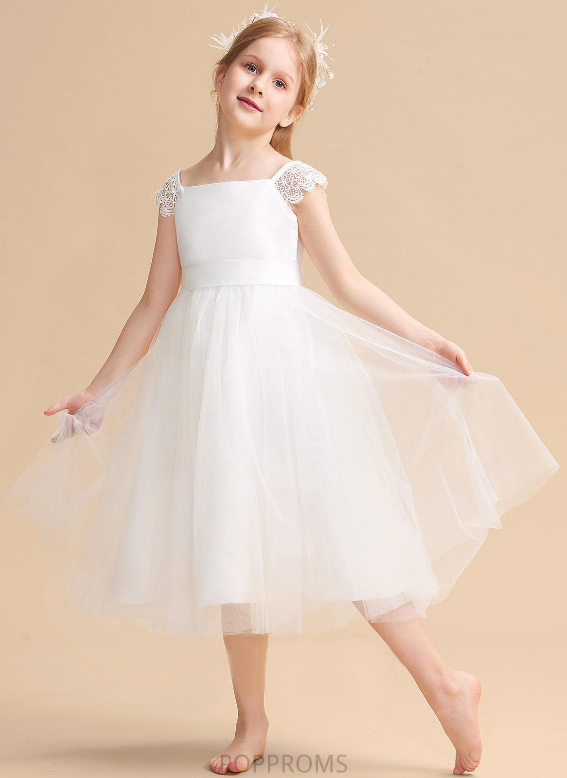 With Satin/Tulle Dress Flower Lace/Sash - Square Neckline Flower Girl Dresses Girl Tea-length A-Line Ellen Sleeveless