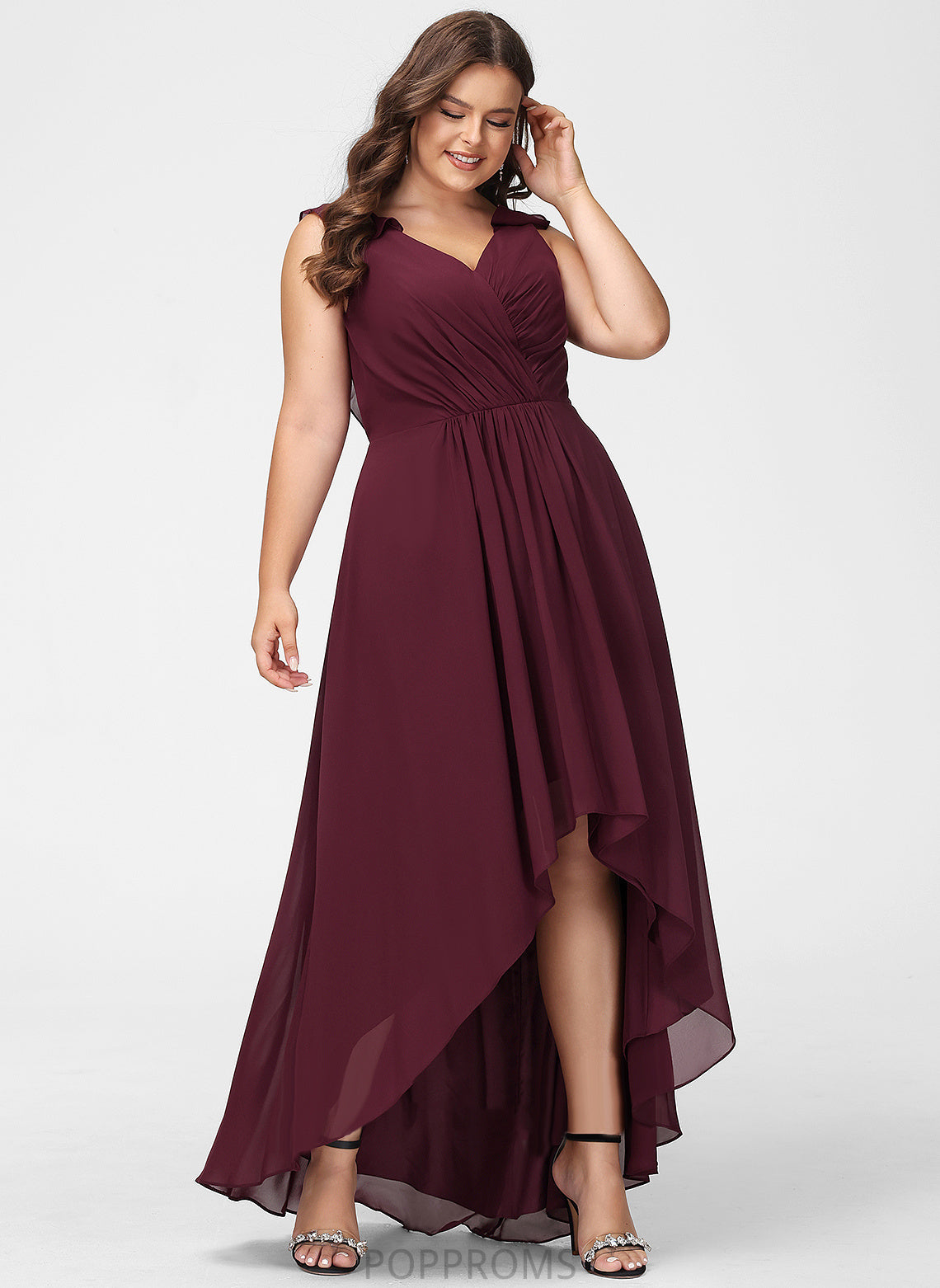 Embellishment V-neck Fabric Asymmetrical A-Line Neckline Silhouette Ruffle Length Arianna Sleeveless A-Line/Princess Bridesmaid Dresses