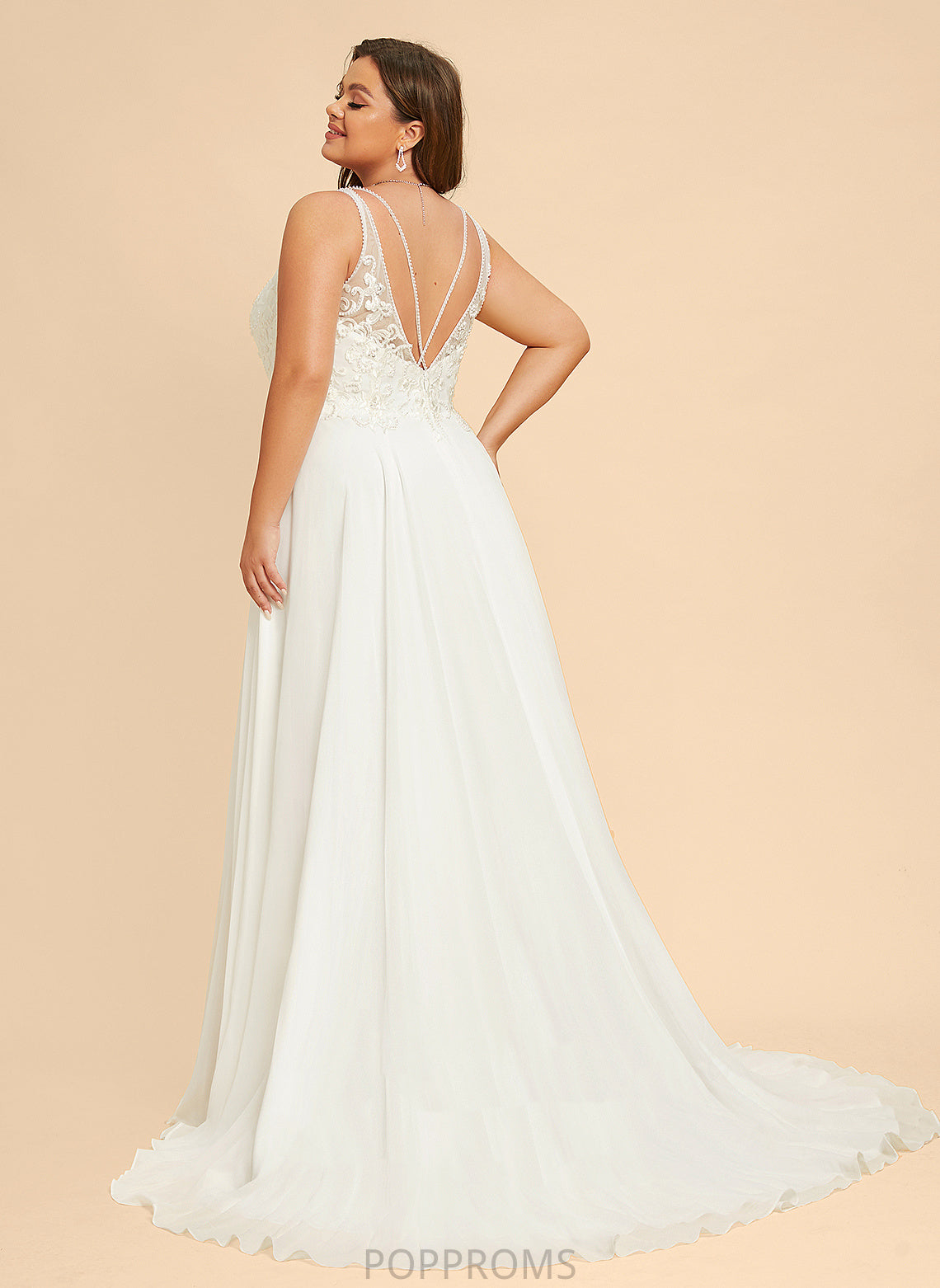 Wedding Chiffon Front A-Line Malia Split Dress Sequins Beading With Lace Sweep V-neck Train Wedding Dresses