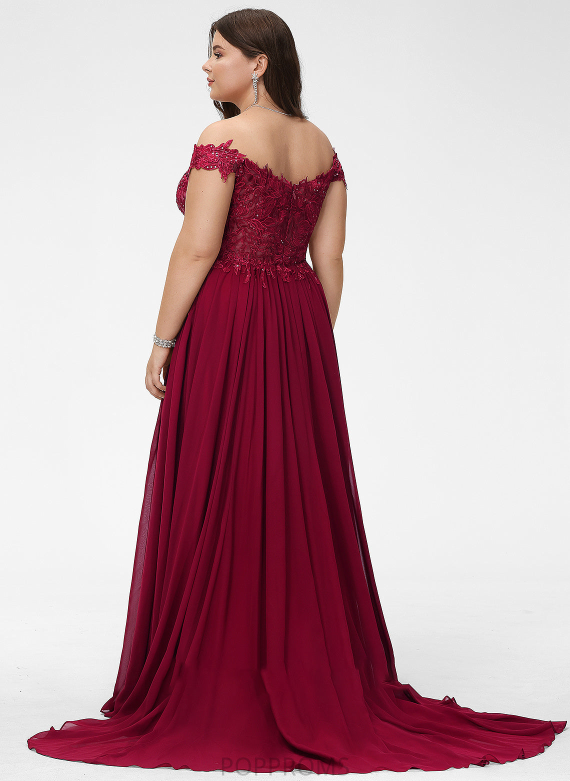 Lace Shaniya With Off-the-Shoulder Chiffon A-Line Train Sweep Prom Dresses Sequins