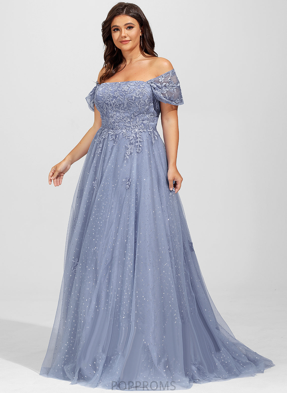 Sweep Sequins Train Adalyn Tulle Prom Dresses Off-the-Shoulder With Lace Ball-Gown/Princess