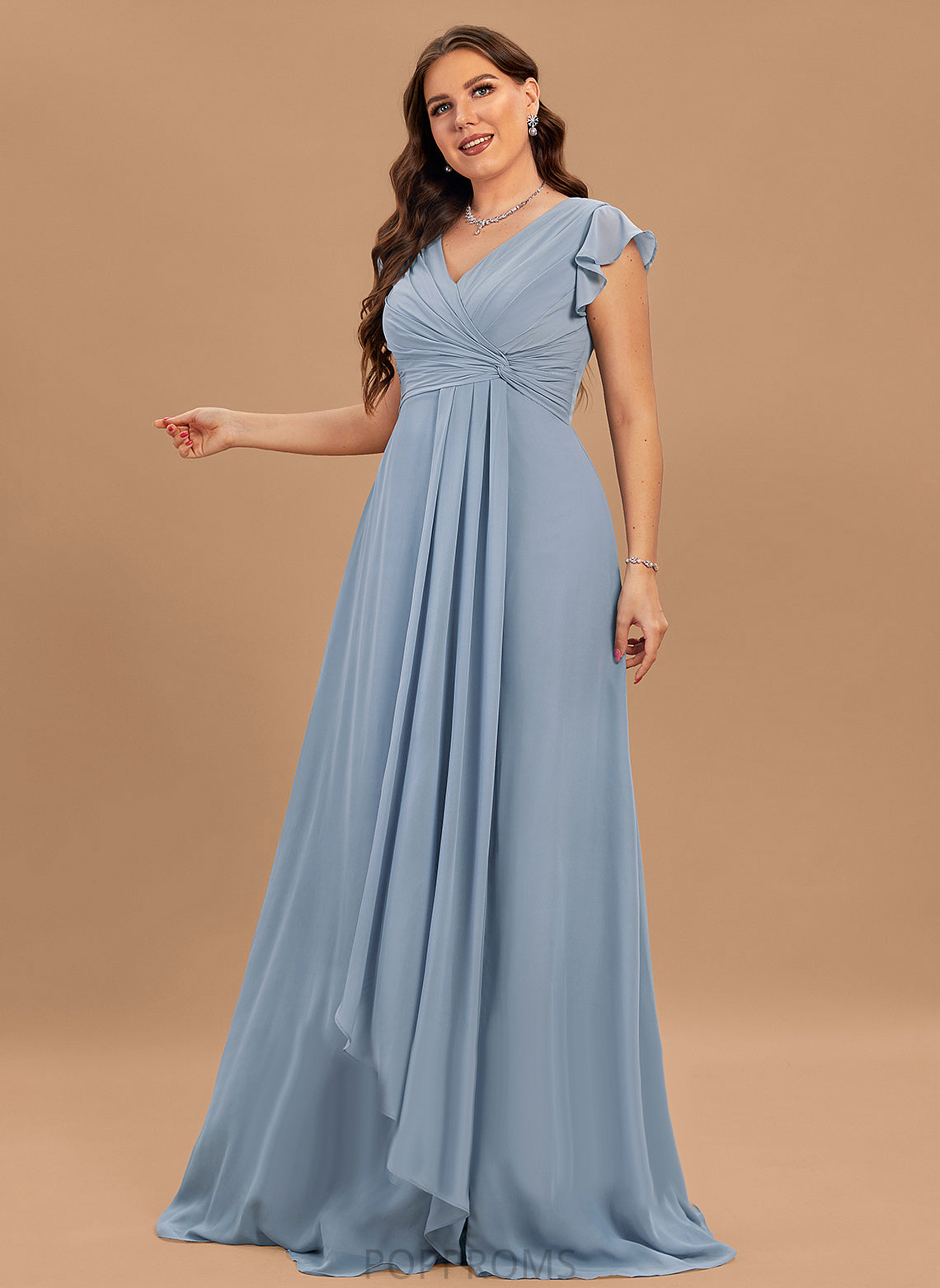 V-neck Embellishment A-Line SplitFront Silhouette Length Floor-Length Ruffle Fabric Neckline April A-Line/Princess Bridesmaid Dresses