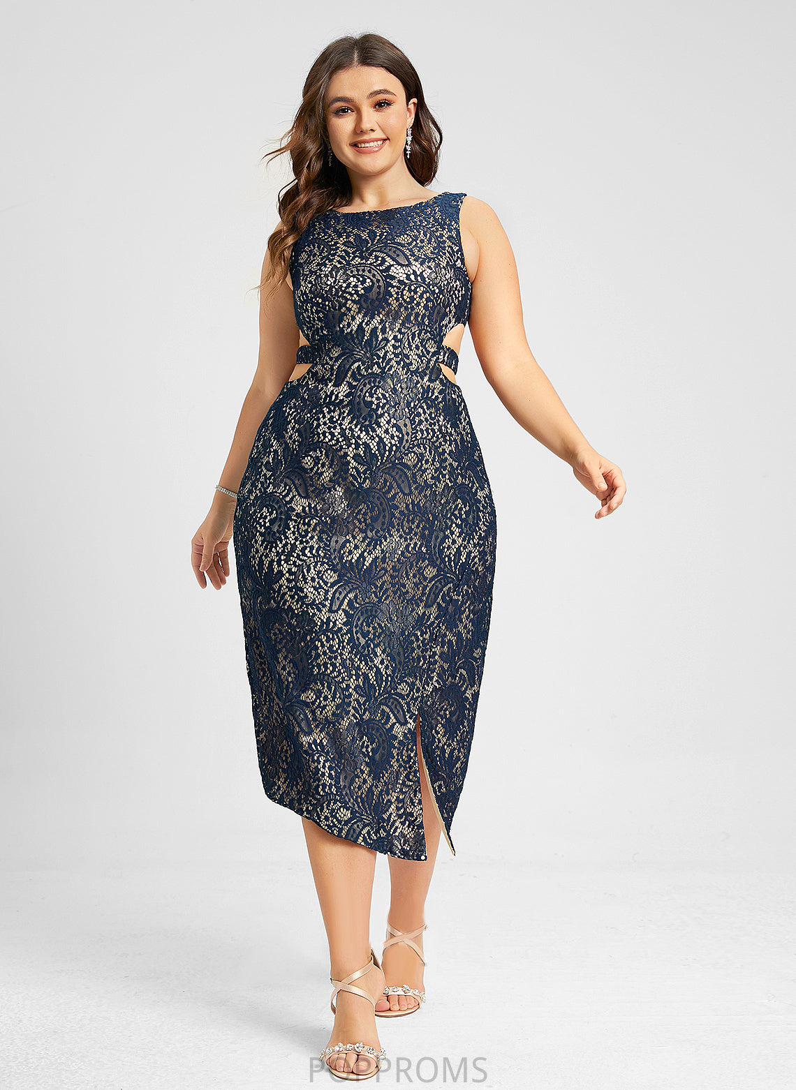 Areli Scoop Split Sheath/Column With Lace Tea-Length Cocktail Dresses Front Cocktail Neck Dress