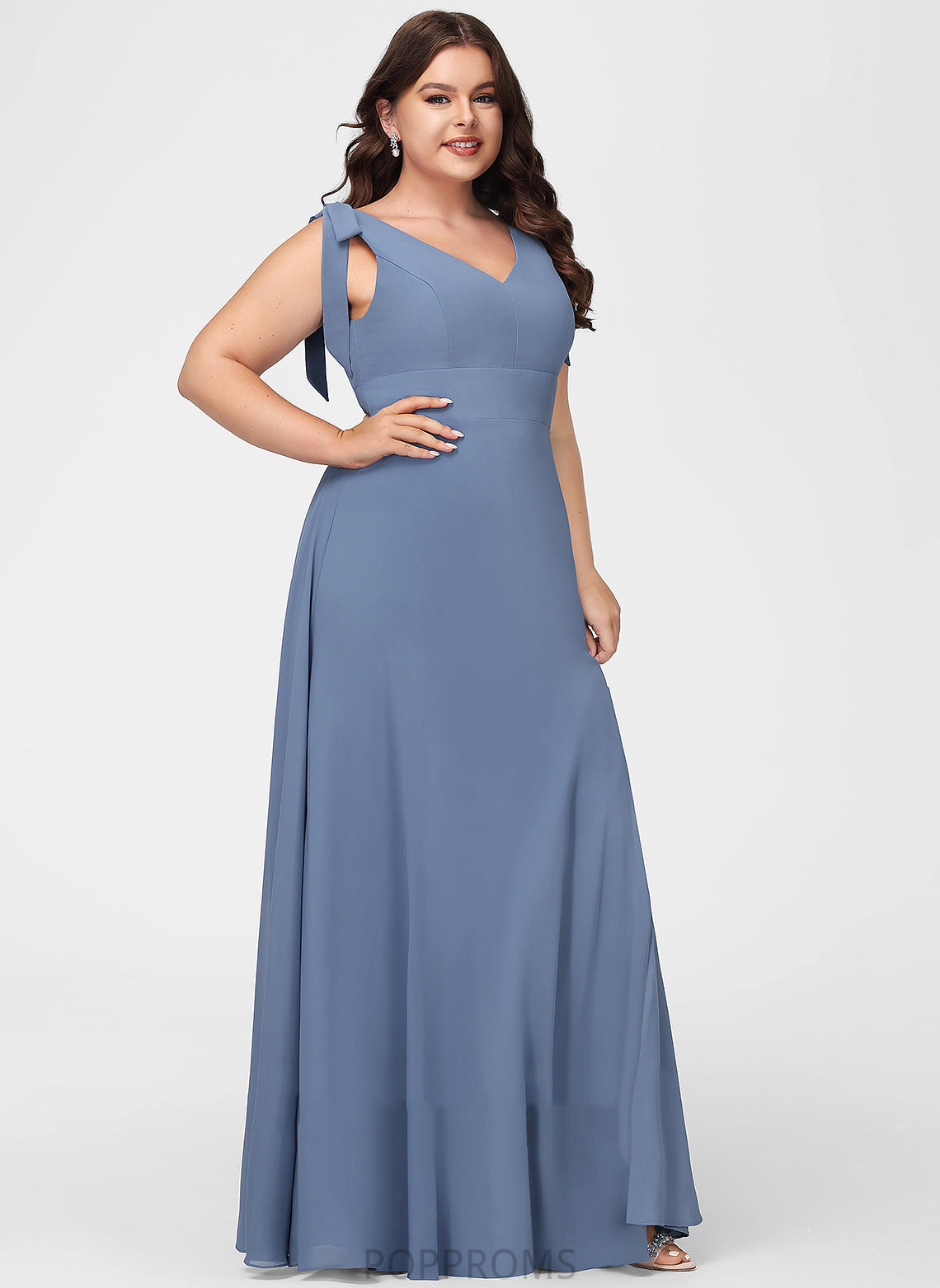 Neckline SplitFront Fabric Floor-Length Length Silhouette A-Line Bow(s) V-neck Embellishment Mandy Sleeveless Bridesmaid Dresses