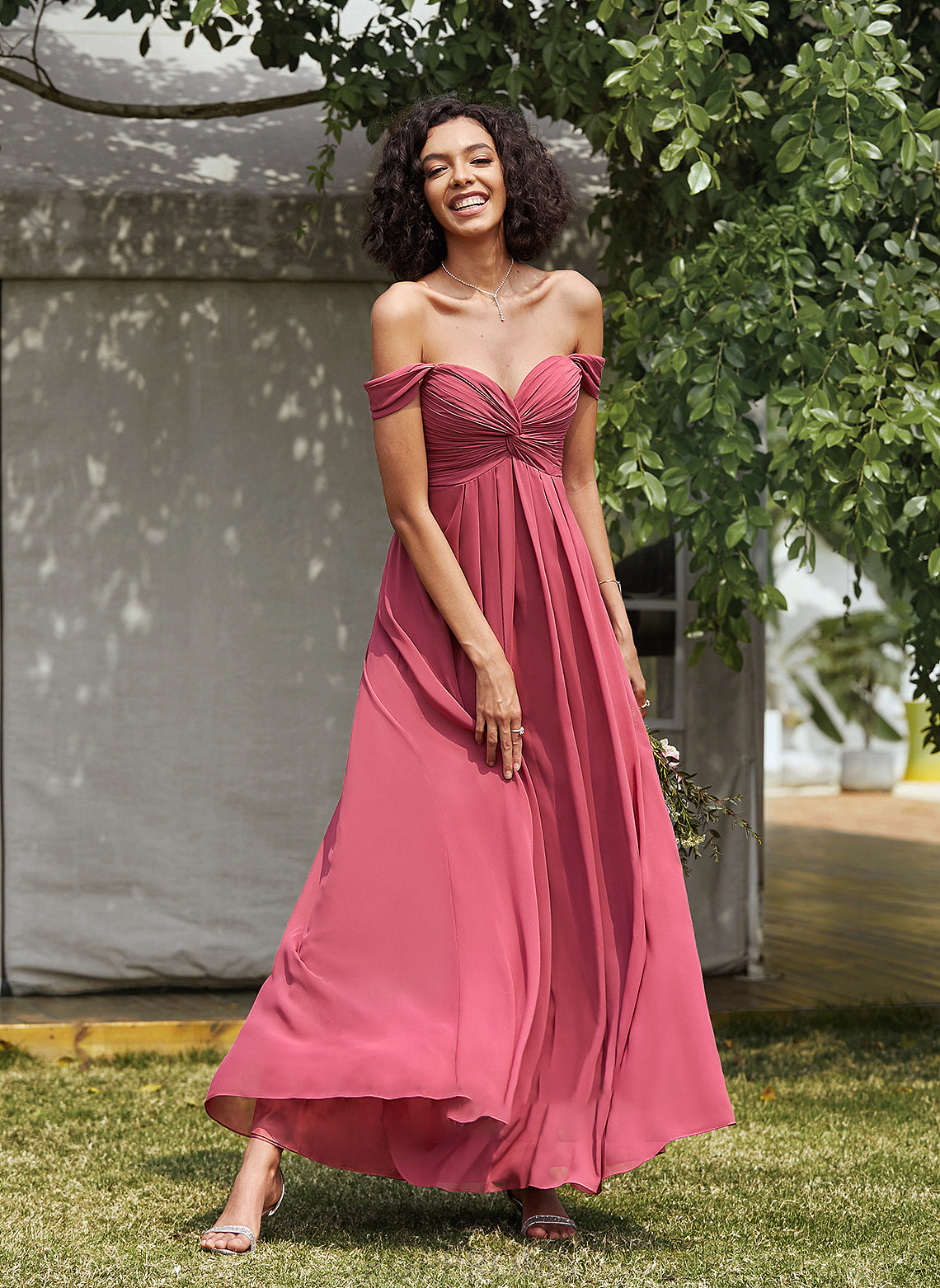 Length A-Line Off-the-Shoulder Ruffle Neckline Fabric Embellishment Silhouette Floor-Length Mariah Sleeveless Spaghetti Staps Bridesmaid Dresses