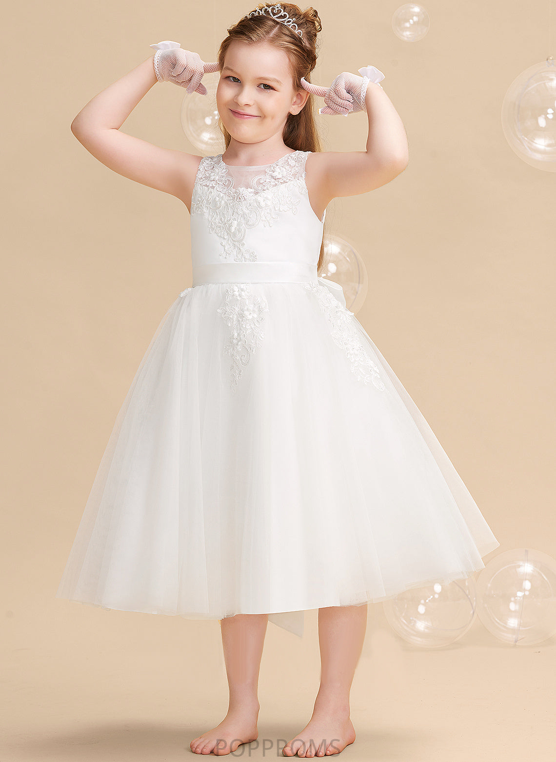 Talia - Sleeveless Flower Girl Dresses Flower With Tea-length Scoop Dress Neck A-Line Beading/Flower(s) Girl Tulle/Lace