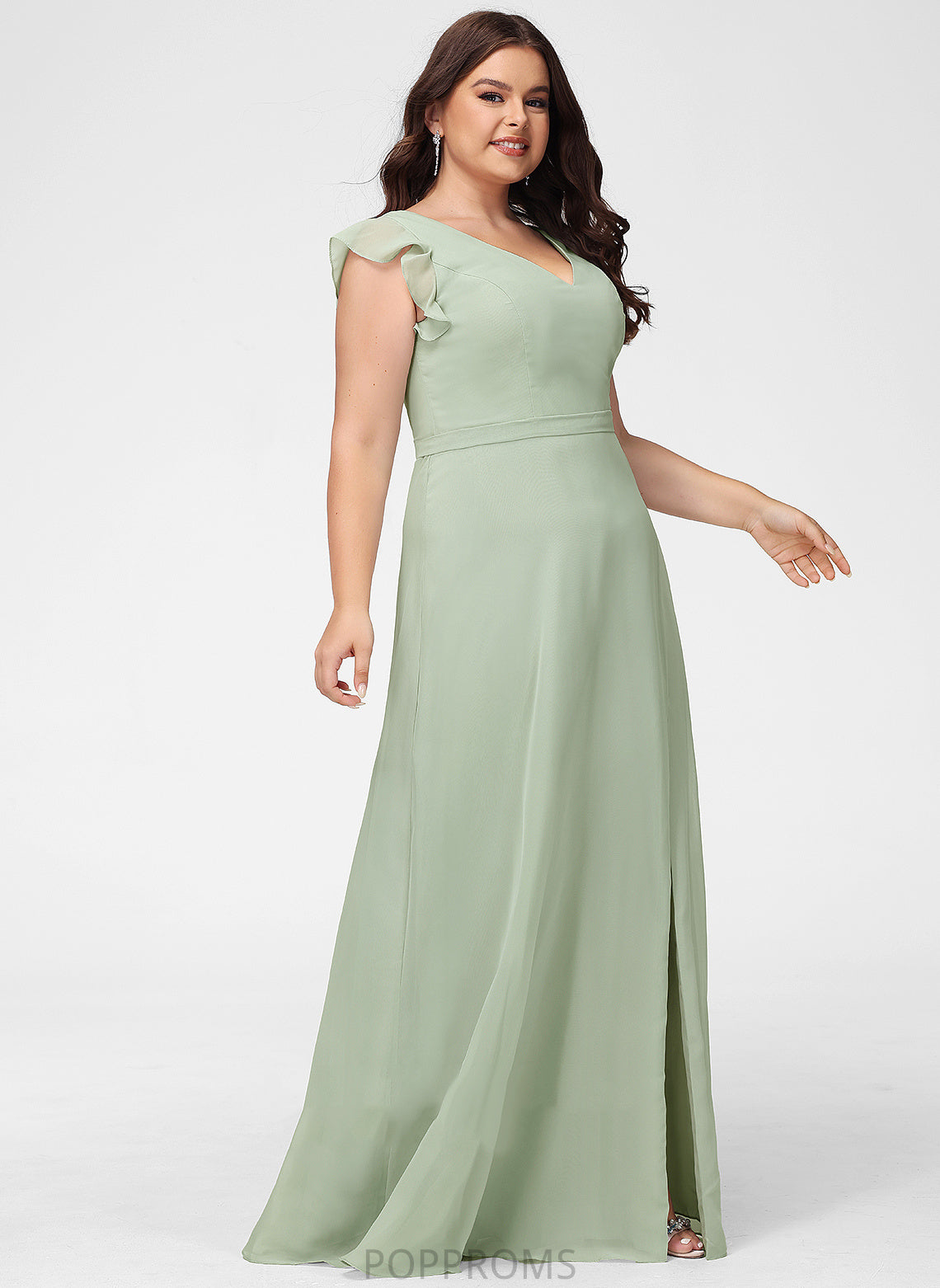 Neckline Embellishment Floor-Length Fabric Silhouette V-neck SplitFront A-Line Length Abagail Sleeveless A-Line/Princess Bridesmaid Dresses