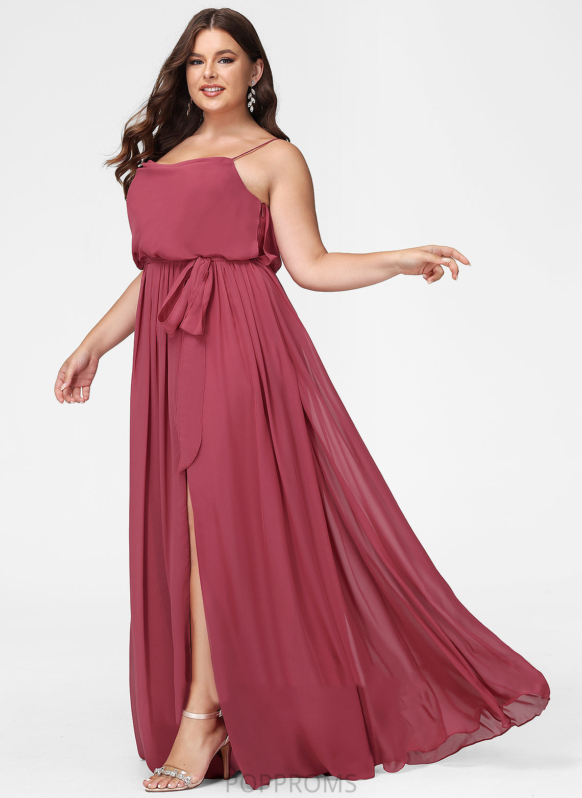 Neckline Silhouette Length A-Line Ruffle Fabric CowlNeck Floor-Length Embellishment SplitFront Mattie Sleeveless Bridesmaid Dresses