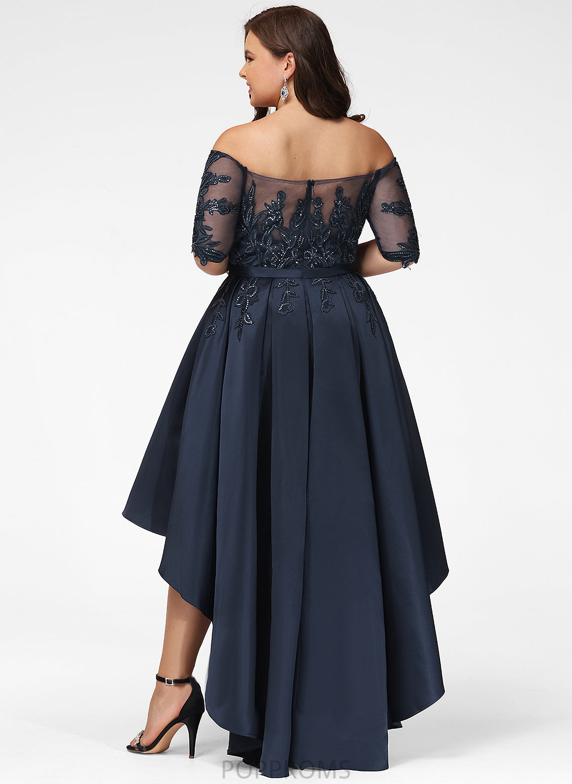 Asymmetrical Sequins Off-the-Shoulder Regina A-Line Lace With Satin Prom Dresses