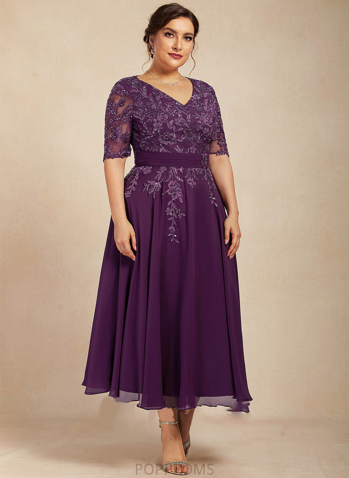 Tea-Length With Bride Mother of the Bride Dresses Chiffon Sequins of Mother A-Line V-neck Lace the Mallory Dress