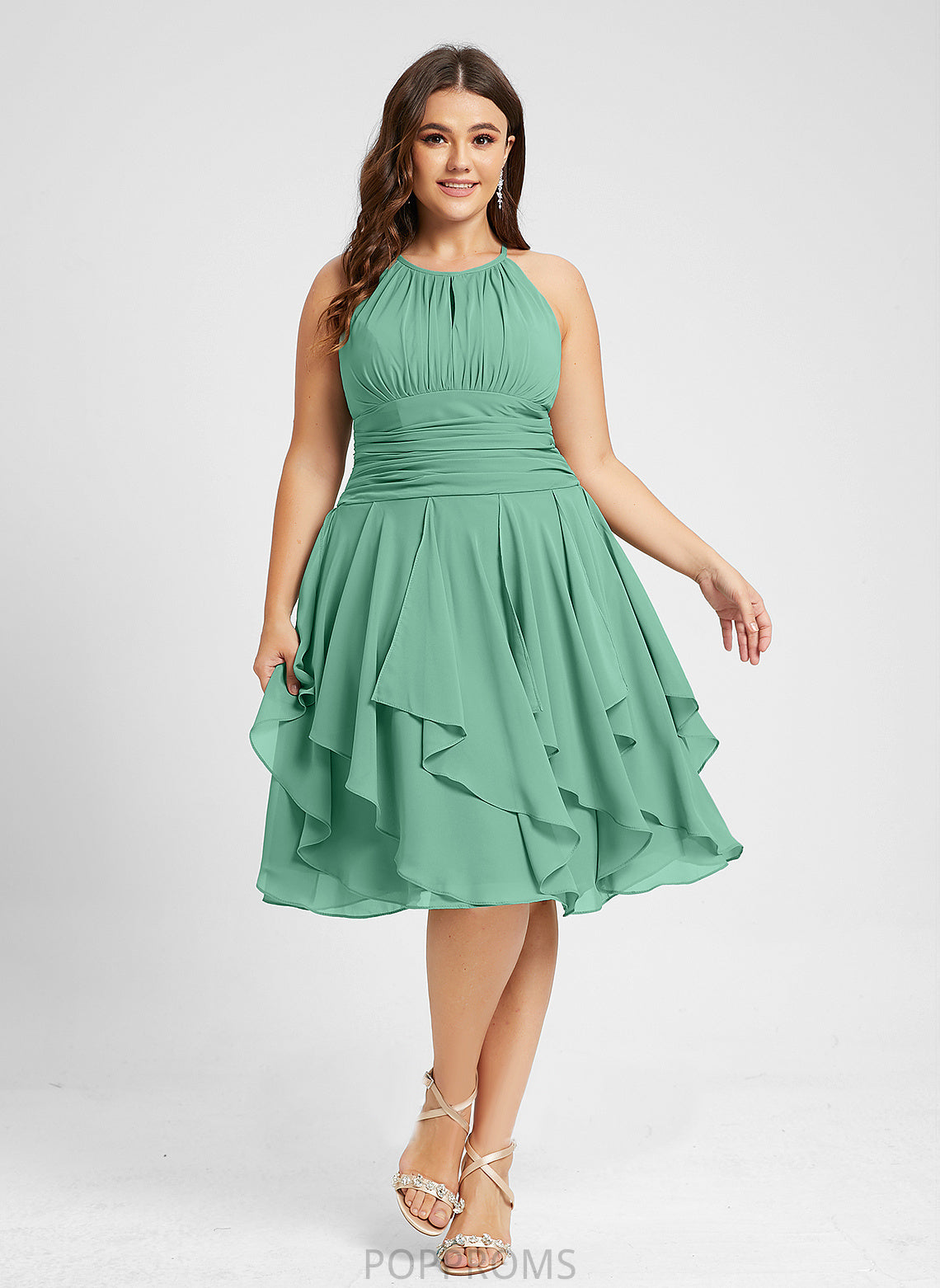 Knee-Length Cocktail Dress Scoop Cascading Chiffon A-Line Cocktail Dresses Ruffle Ruffles Lindsey With Neck