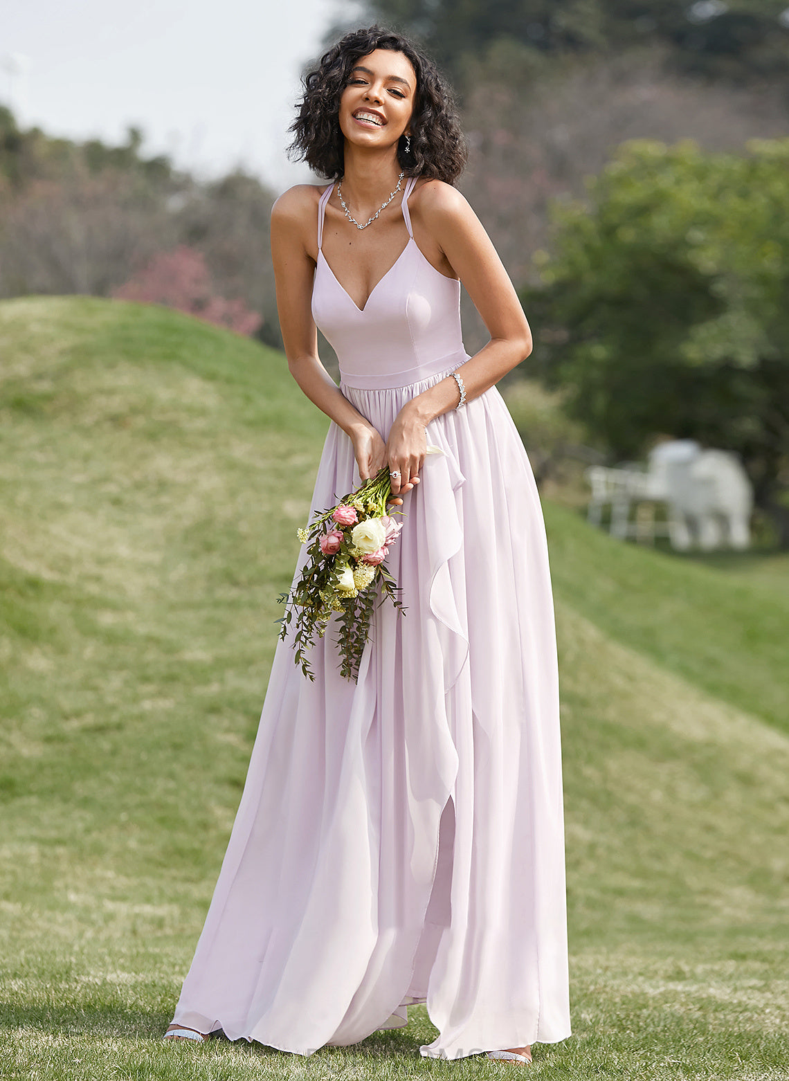 V-neck Neckline SplitFront Silhouette Ruffle Length A-Line Embellishment Fabric Asymmetrical Liliana V-Neck Bridesmaid Dresses