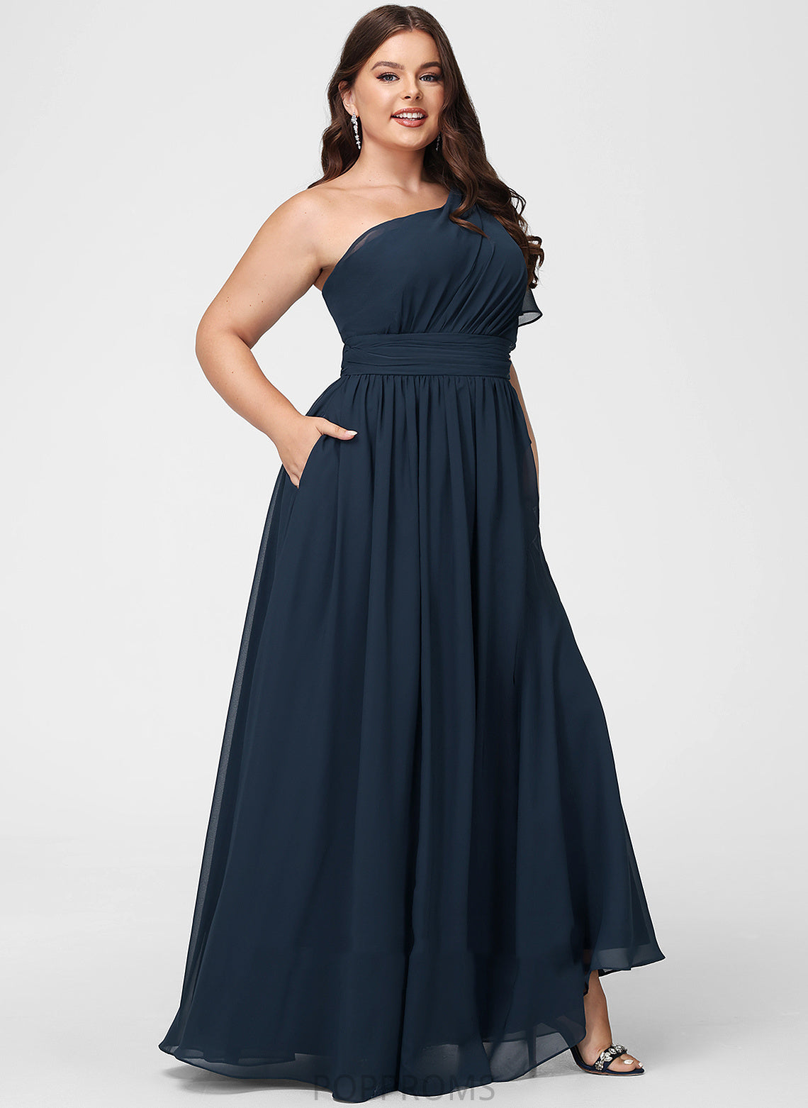 One-Shoulder Floor-Length A-Line Silhouette Neckline Ruffle Fabric Embellishment Length Pearl Sleeveless Straps Bridesmaid Dresses