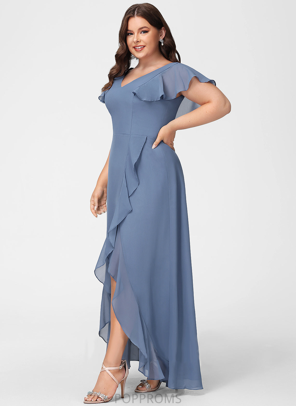 SplitFront Neckline Ruffle Embellishment A-Line Fabric Asymmetrical Silhouette Length V-neck Gertrude A-Line/Princess Bridesmaid Dresses