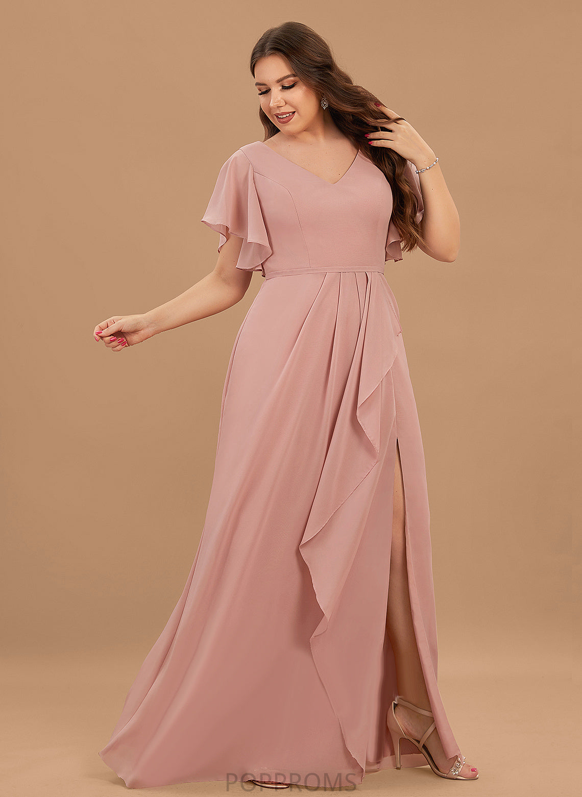 Silhouette Length Ruffle Embellishment V-neck A-Line SplitFront Floor-Length Neckline Fabric Deborah Scoop Bridesmaid Dresses