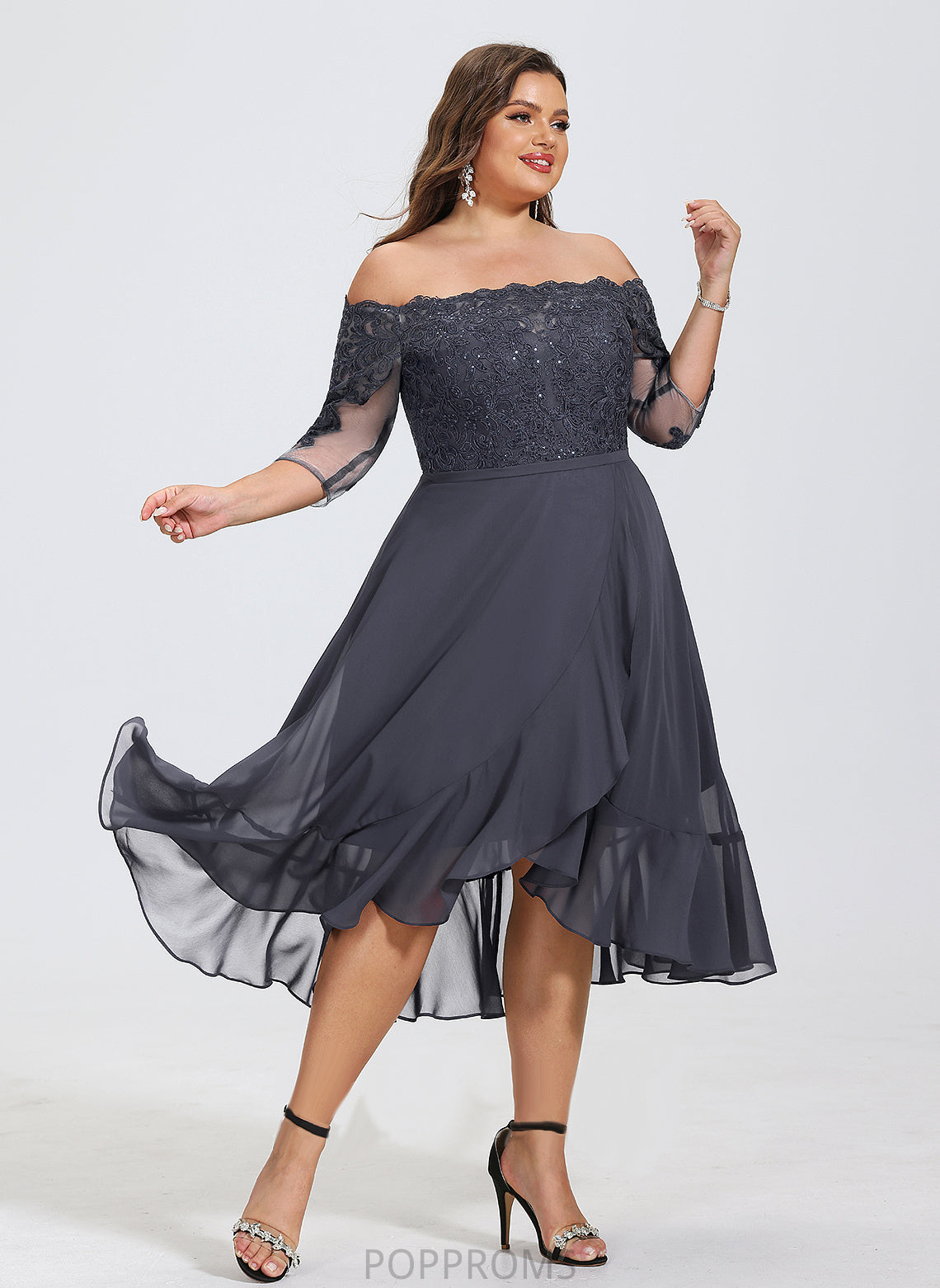 Off-the-Shoulder Cocktail Dresses With A-Line Asymmetrical Nancy Cocktail Lace Chiffon Sequins Dress