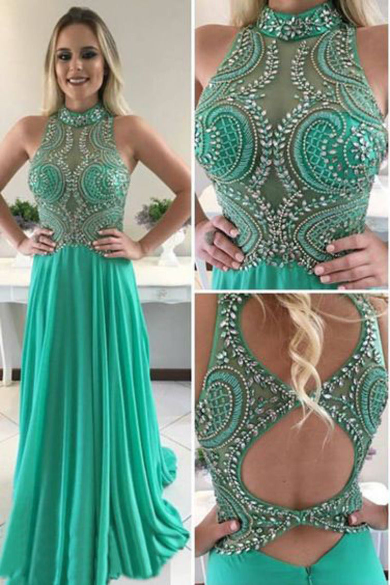 2024 High Neck Open Back Beaded Bodice Chiffon Prom Dresses A Line