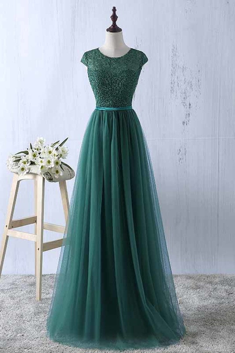 2024 Scoop Tulle & Lace With Sash A Line Sweep Train Prom Dresses