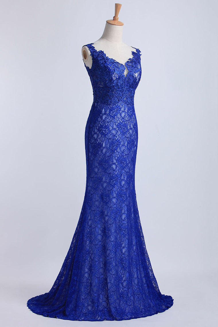 2024 Evening Dresses Bateau Mermaid With Deep V Shape Back Lace&Tulle Dark Royal Blue