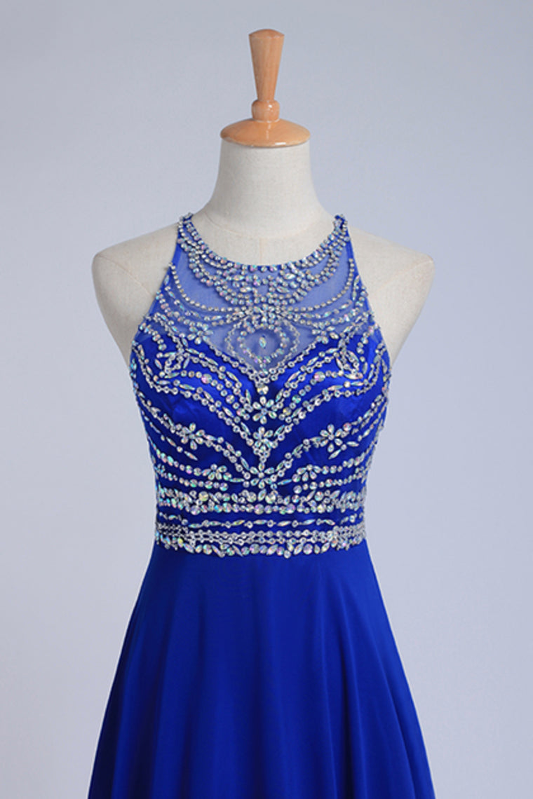 2024 Halter A-Line/Princess Dark Royal Blue Prom Dresses Tulle And Chiffon Sweep Train