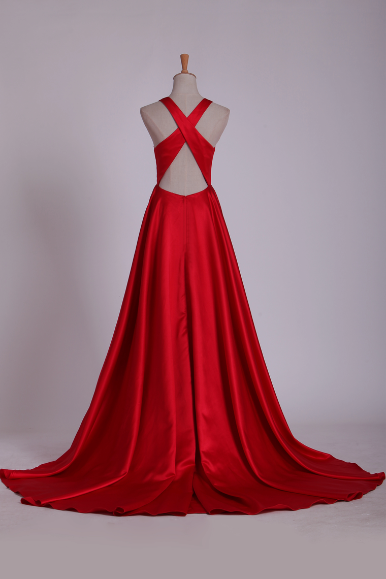 2024 Red V Neck Evening Dresses A Line Sweep Train  With Slit And Ruffles