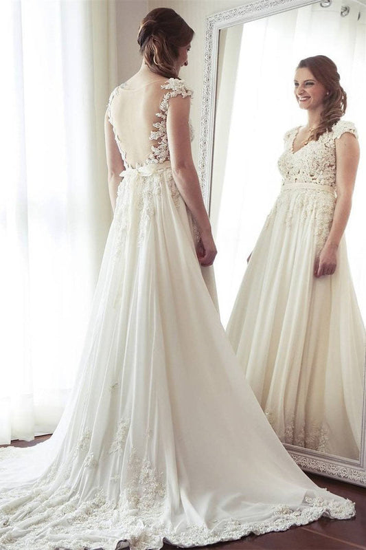 Delicate V Neck Cap Sleeves Sweep Train Backless Wedding Dresses