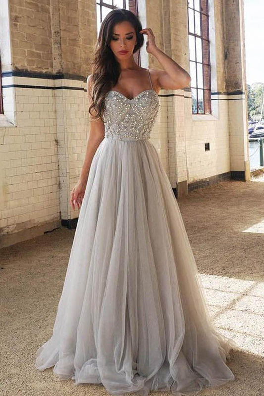 Elegant Spaghetti Straps Sweetheart Tulle With Beading Prom Dresses