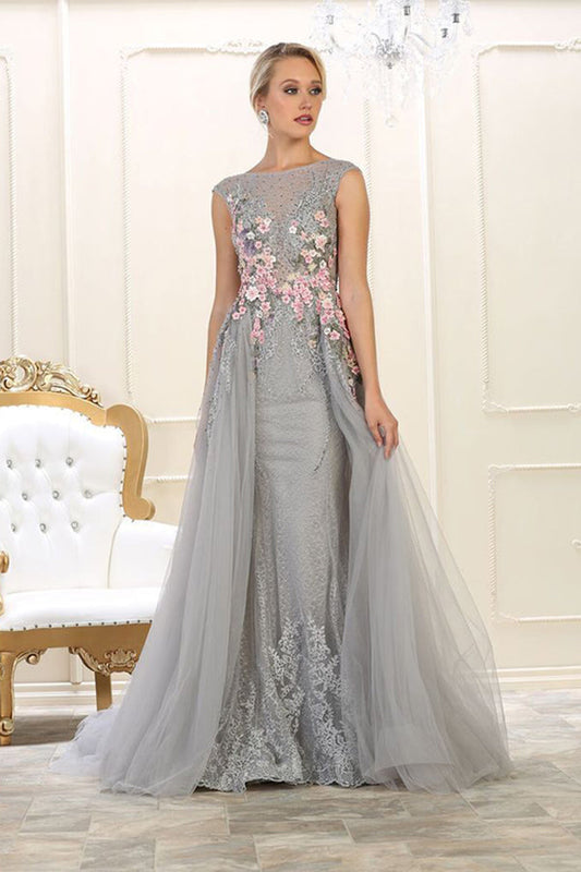 Elegant Round Neck Sleeveless Handmade Flower With Appliques Long Prom Dresses