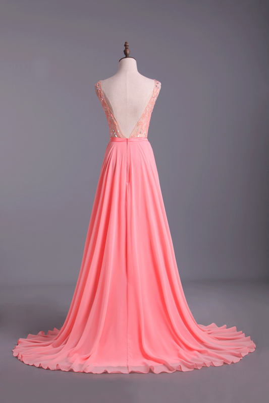 2024 Bateau A-Line Chiffon Prom Dresses With Ribbon Sweep Train