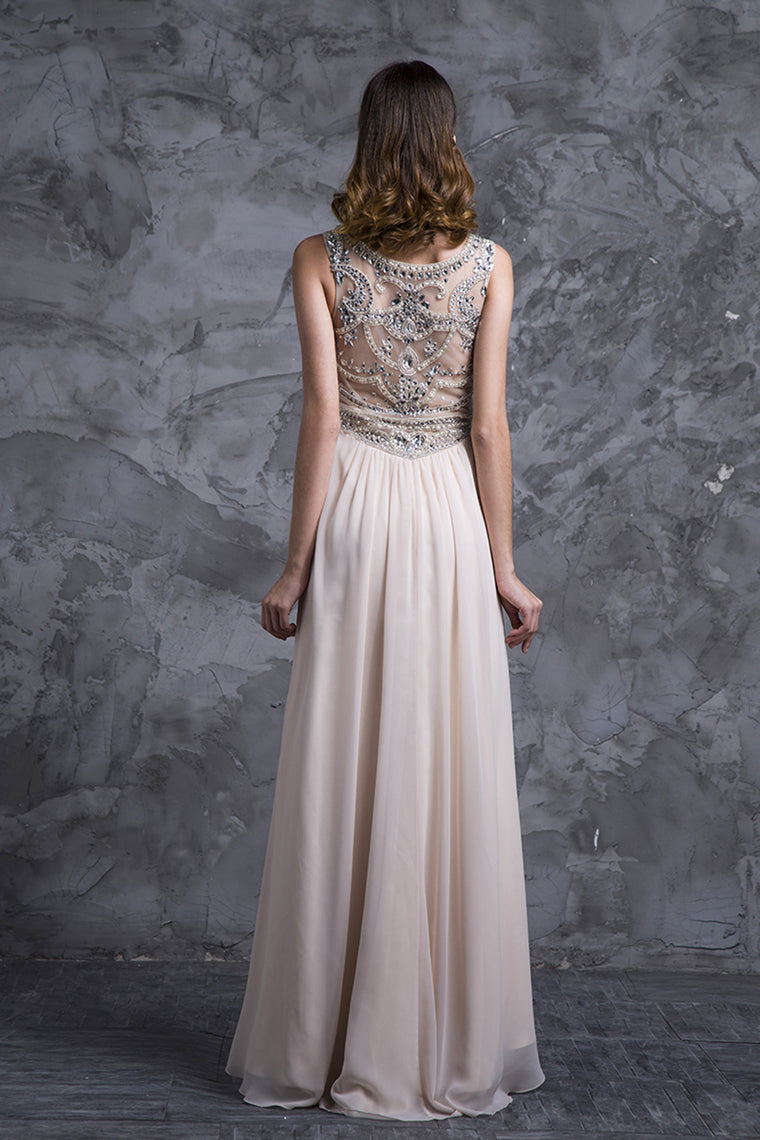 Stunning Prom Dresses Champagne Beaded Bodice And Back A-Line Scoop Sweep/Brush Chiffon