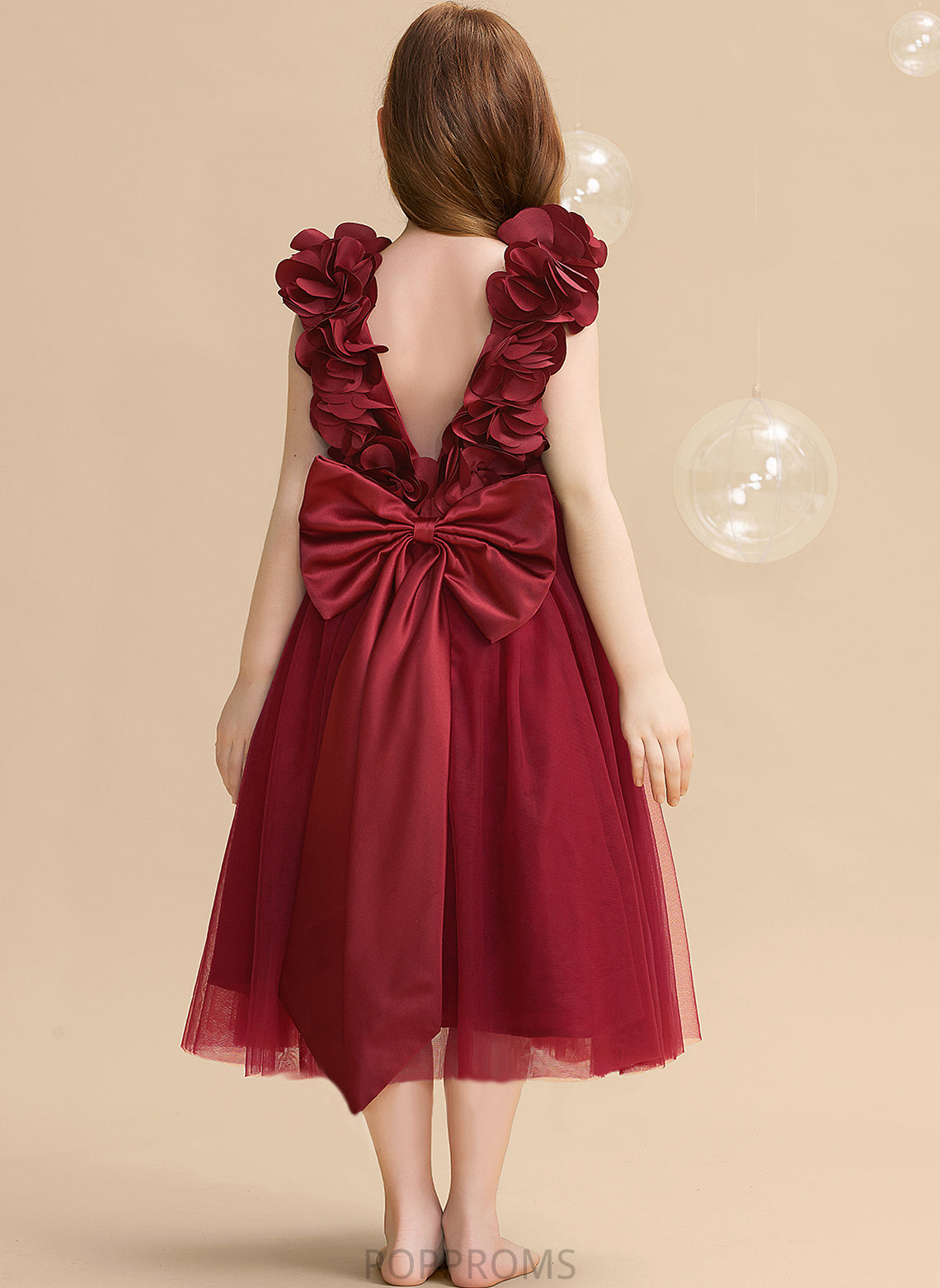 Dress Satin/Tulle Girl Flower - A-Line Flower Girl Dresses Tea-length Abril Flower(s)/Bow(s) Sleeveless With V-neck