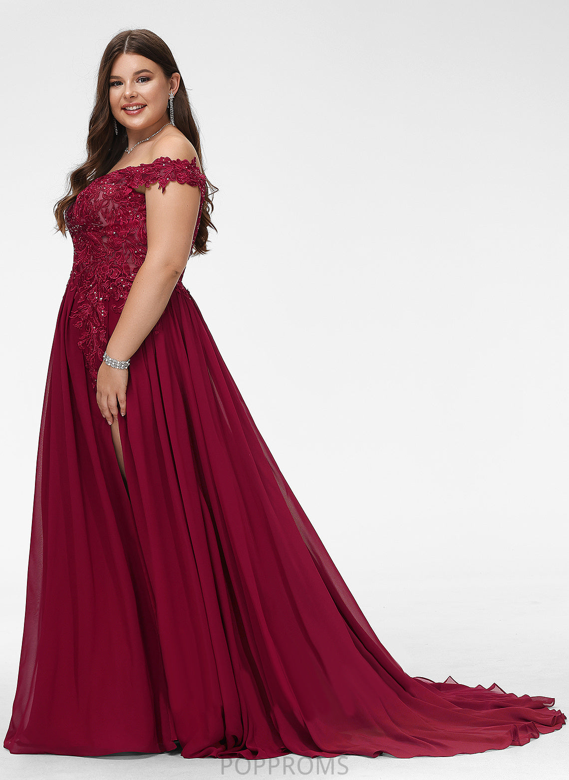 Chiffon Train A-Line Prom Dresses Lace Alicia Sequins With Off-the-Shoulder Sweep